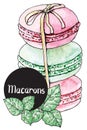 Three french macaroons tied with a ribbon and leaf of mint. Hand drawn text Macaron in black circle.